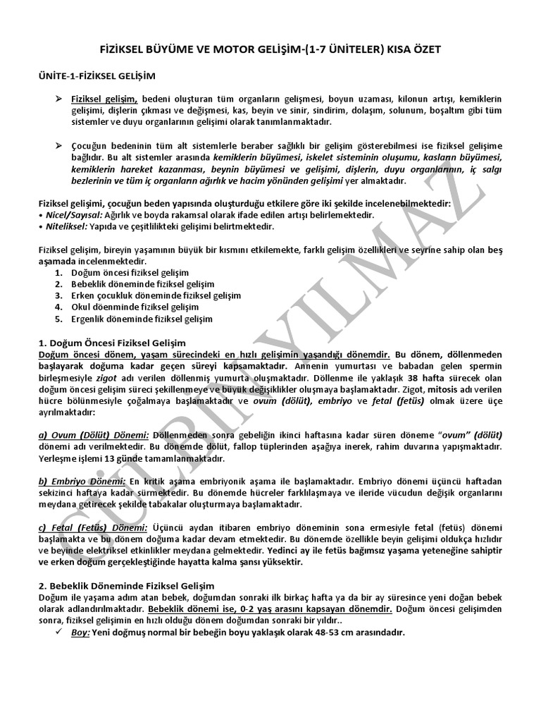 Fiziksel Buyume Ve Motor Gelisim Kisa Ozet 1 7 Uniteler Pdf