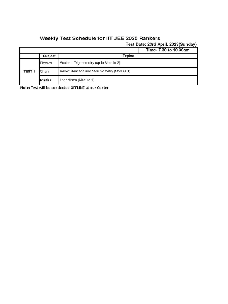 Weekly Test Schedule For IIT JEE 2025 Rankers Maths PDF