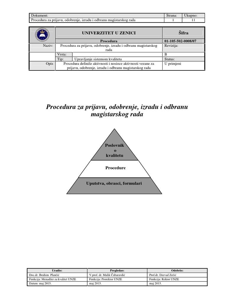 Procedura Za Prijavu, Odobrenje, Izradu I Odbranu Magistarskog Rada | PDF