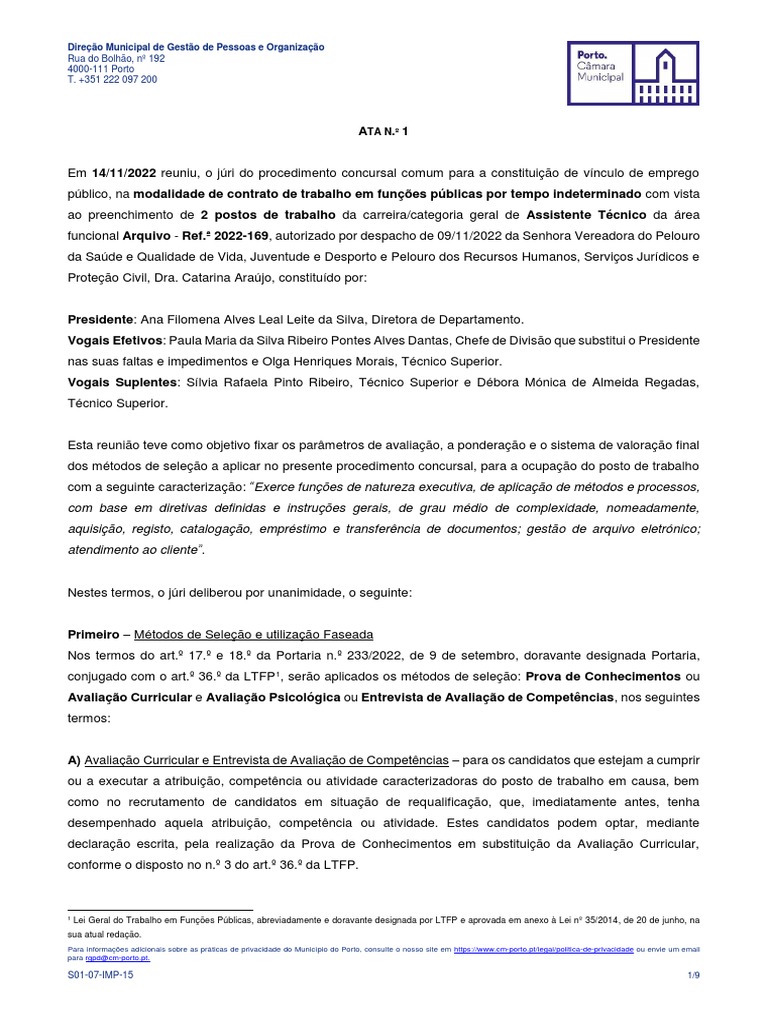 Ref 2022-169 Ata N.º 1 - Definição dos Critérios dos métodos de seleção ...