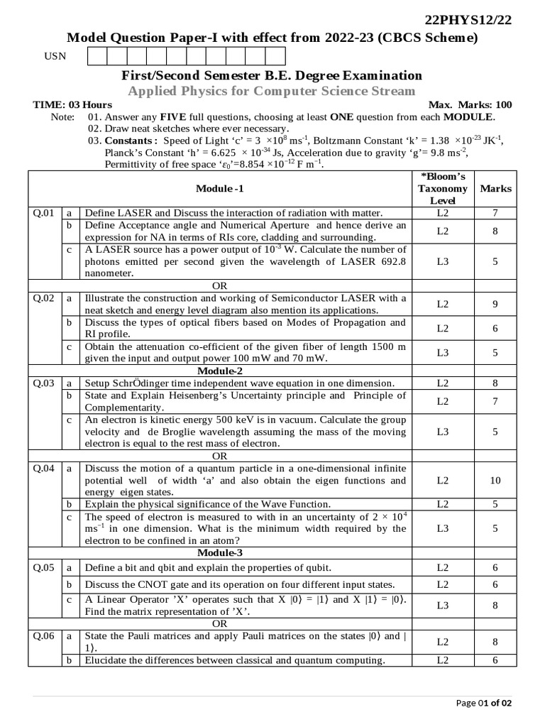 Applied Physics For Computer Science Stream: TIME: 03 Hours Max. Marks ...