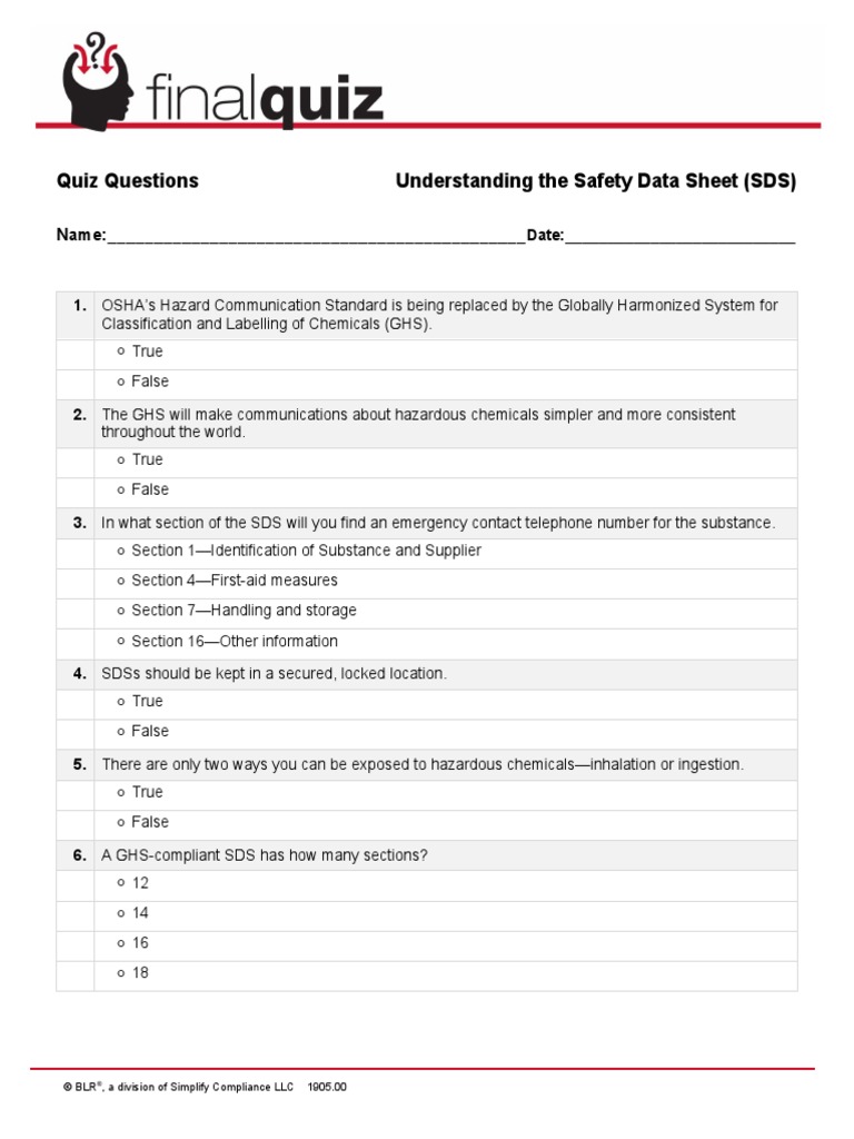 Quiz Questions Understanding The Safety Data Sheet (SDS) Name PDF Working Conditions