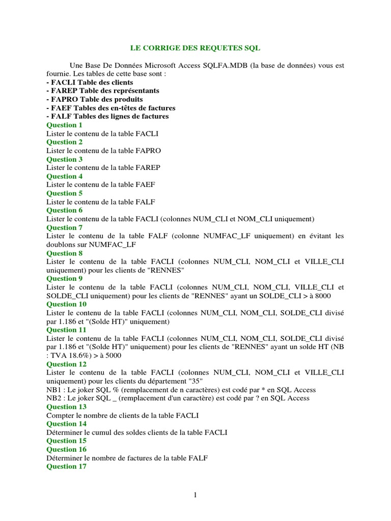 Corrigé des Requêtes SQL Access | PDF | Microsoft Access
