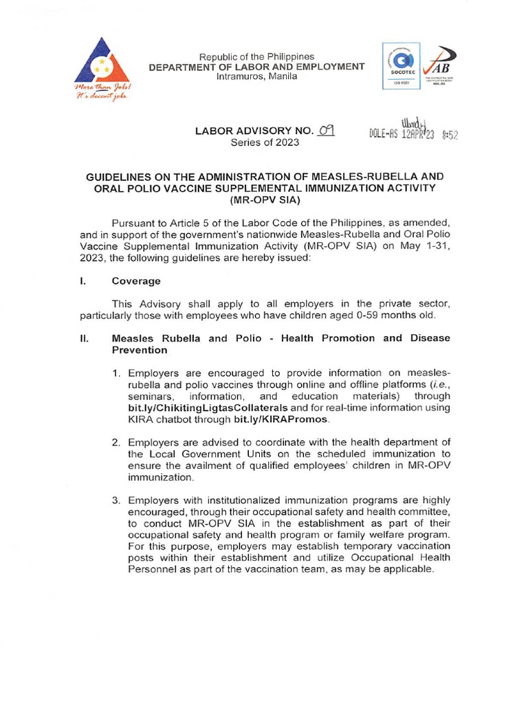 LA 09 23 Guidelines On The Administration of Measles Rubella and Oral ...