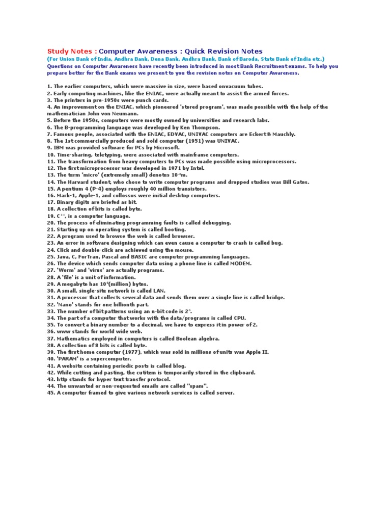 Computer Awareness For Bank PO PDF Operating System Computer Hardware