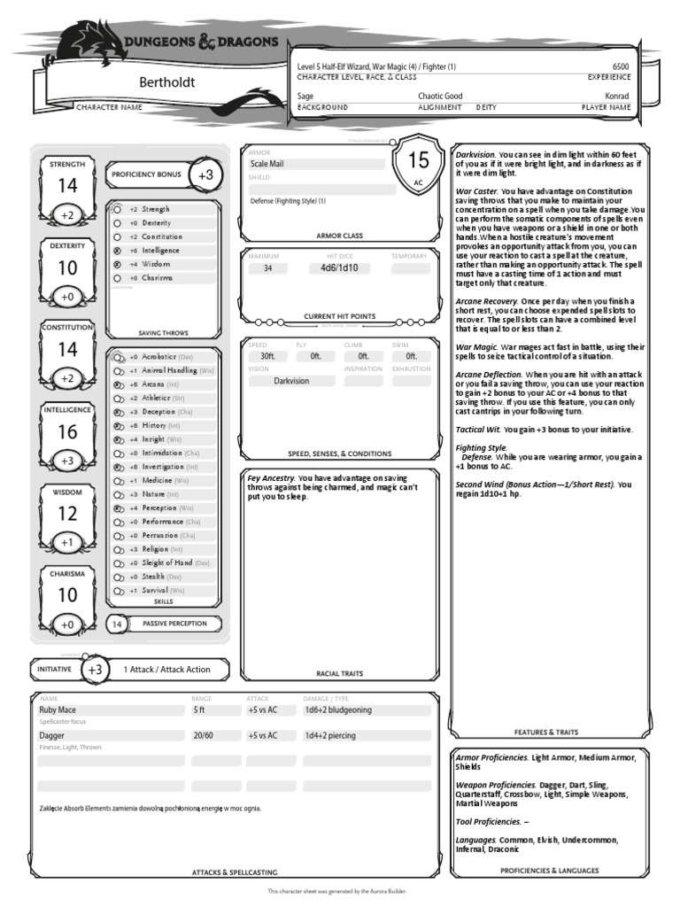 Bertholdt D&D 5e Character Sheet PDF Dungeons & Dragons Gary