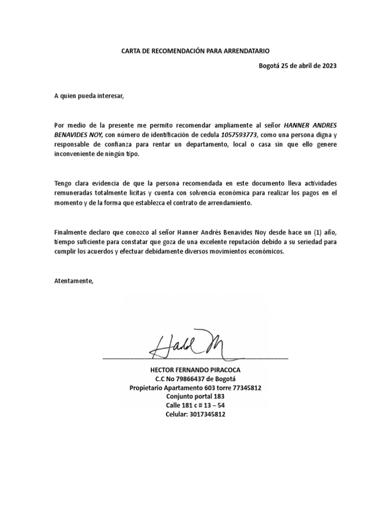 Carta de Recomendación para Arrendatario Hector Piracoca | PDF