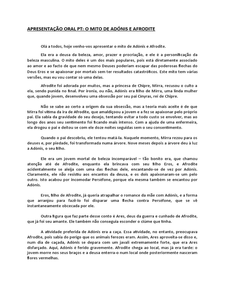 Apresentação Oral PT: O Mito de Adónis E Afrodite | PDF | Poesia, image size:768x1024