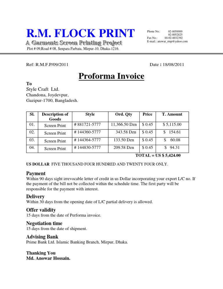 R.M. Flock Print: Proforma Invoice | PDF