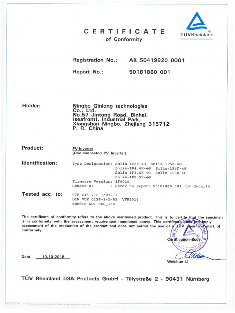 Solis - Certificate - VDE 0126&UTE C15 - 1P (2.5-6) K-4G - FRA (ËóË +À ...
