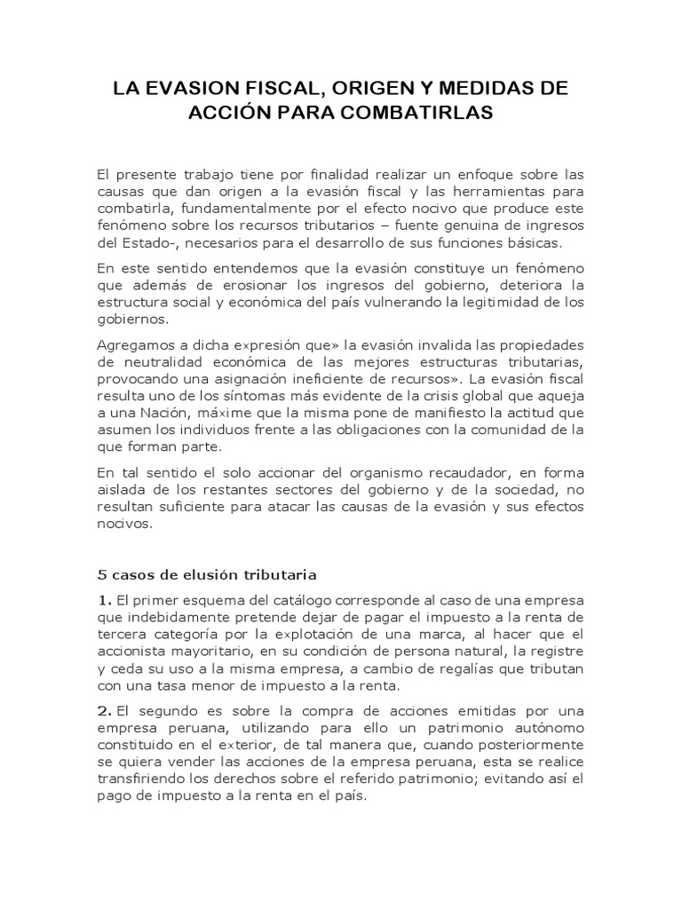 La Evasion Fiscal Origen Y Medidas De Acción Para Combatirlas Pdf