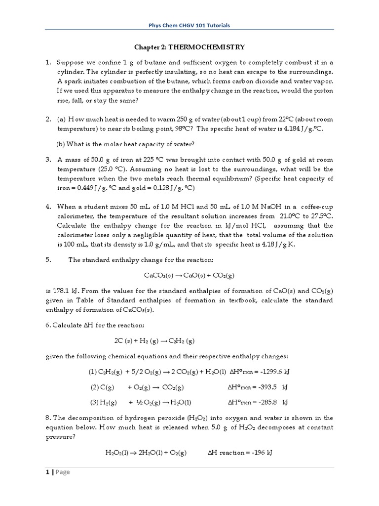 CHGV 101 Tutorial 2 Questions Energy PDF Hydrogen Peroxide Heat