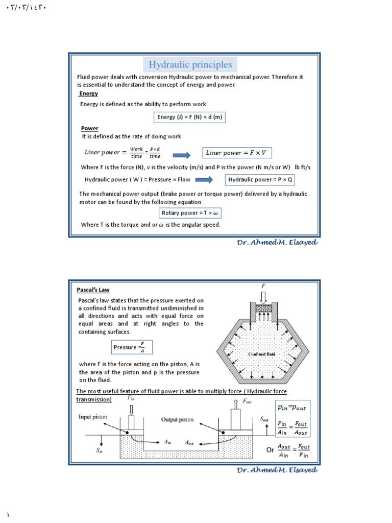 Lecture 3 Hydraulic Principles PDF Power (Physics) Torque