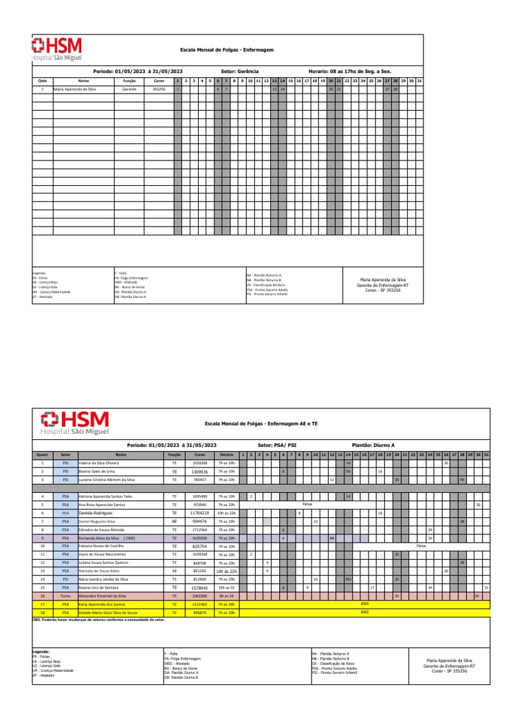 Escala Mensal de Folgas - Enfermagem: Qtde Nome Função Coren | PDF ...