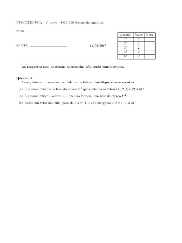 Prova de Geometria Analítica - SMA 300 | PDF | Vetor euclidiano ...