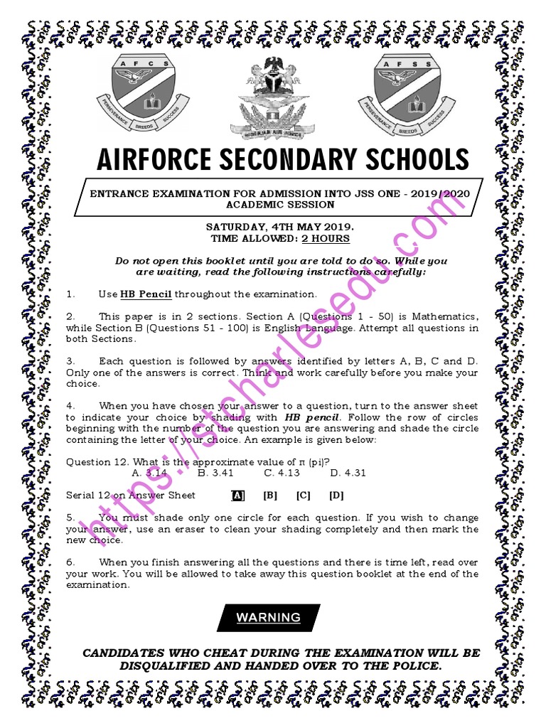 Air Force Secondary School Entrance Exam Past Questions PDF