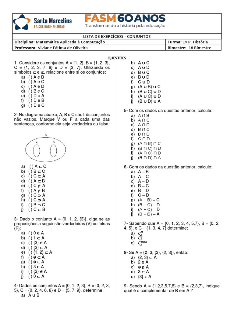 Lista de Exercícios sobre Conjuntos | PDF | Conjunto (Matemática ...