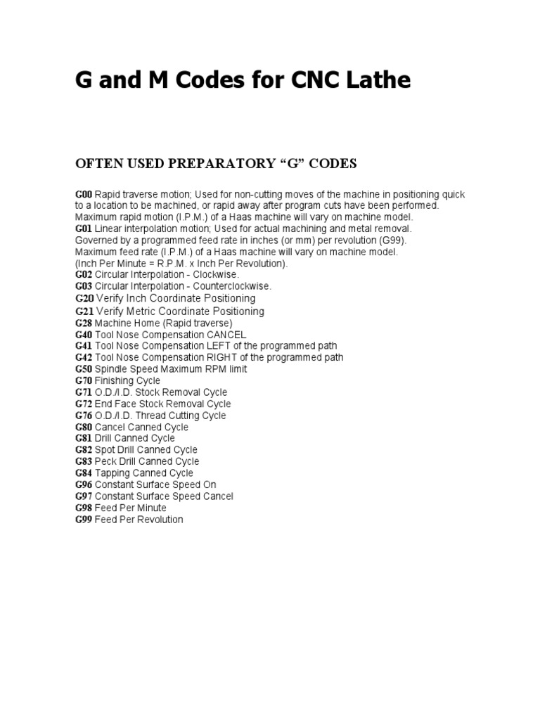 G and M Codes for CNC Lathe PDF Numerical Control Crafts
