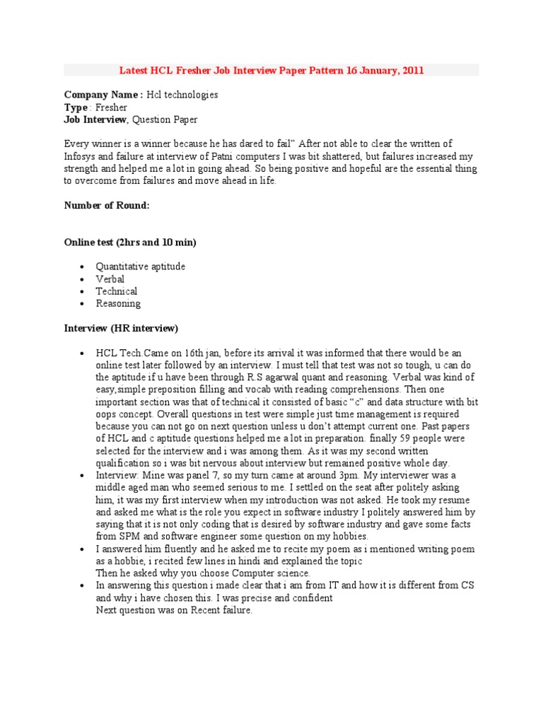 HCL Fresher Interview Pattern 2011 | PDF | Job Interview | Test ...