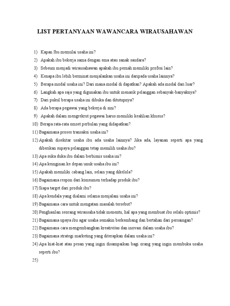 List Pertanyaan Wawancara Wirausahawan | PDF