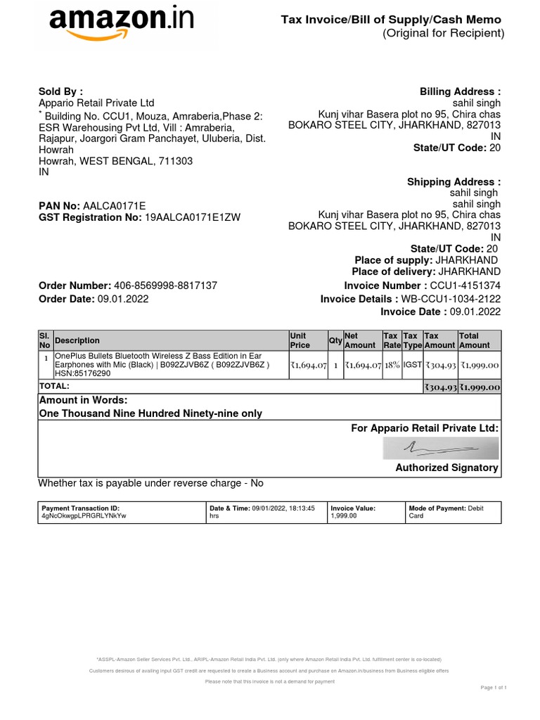 Amazon Invoice for OnePlus Earphones | PDF | Invoice | Business