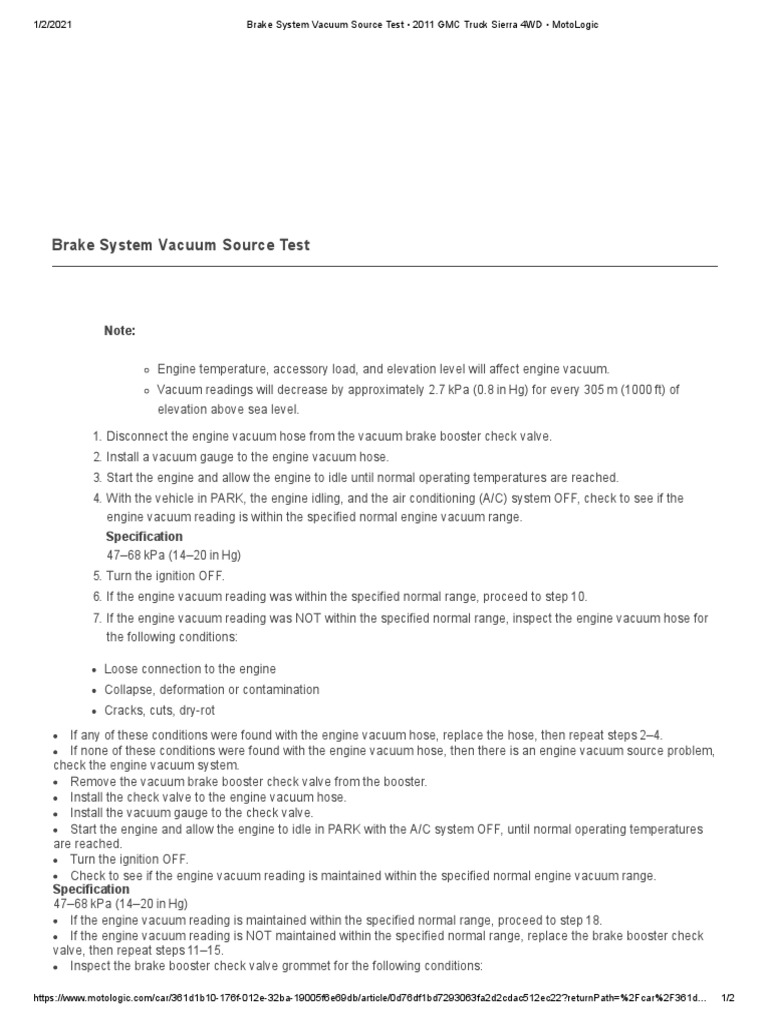 Brake System Vacuum Source Test PDF Vacuum Vehicles