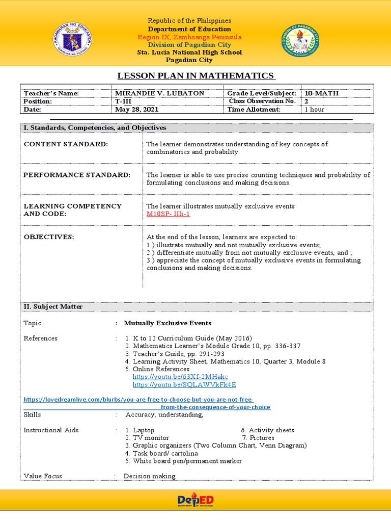 Lesson Plan on Mutually Exclusive Events | PDF | Learning | Probability