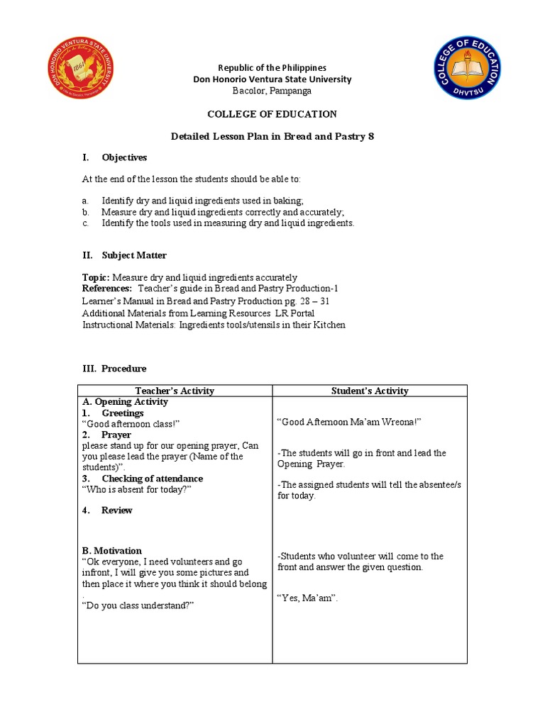 Detailed Lesson Plan in Bread and Pastry 8 PDF Shortening Spoon