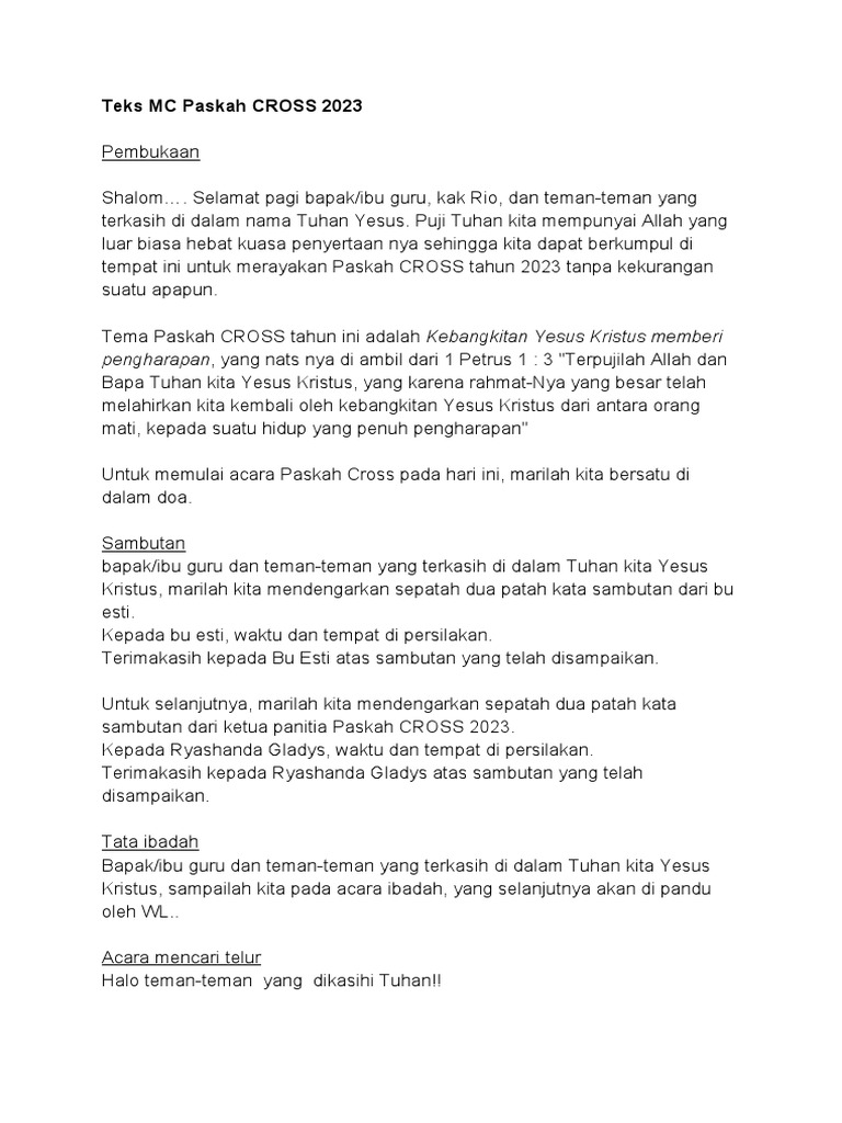 MC Acara Paskah CROSS 2023 | PDF