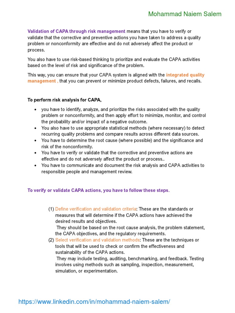 Mohammad Naiem Salem: Validation of CAPA Through Risk Management | PDF ...