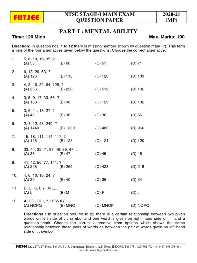 NTSE Stage-I 2020-21 Question Paper (MP) | PDF