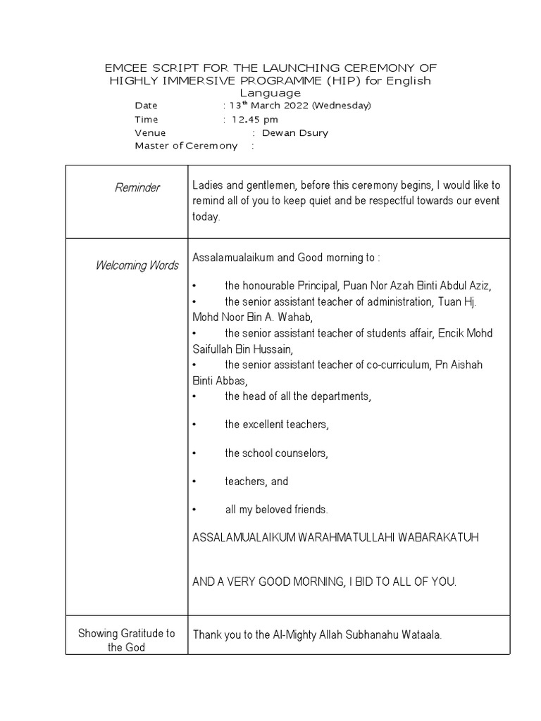 Emcee Script for HIP Launch Ceremony | PDF