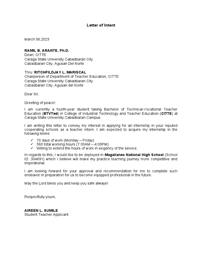 Letter of Intent Internship PDF