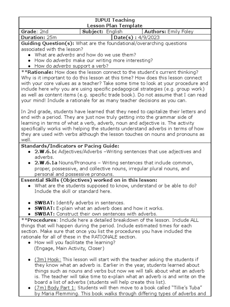 Annotated Iupui Lesson Plan Template PDF Adverb Noun