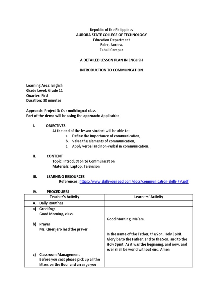 Lesson Plan PDF Communication Nonverbal Communication