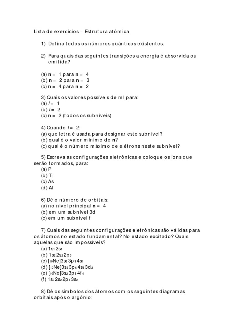Lista De Exercicios Estrutura Atomica