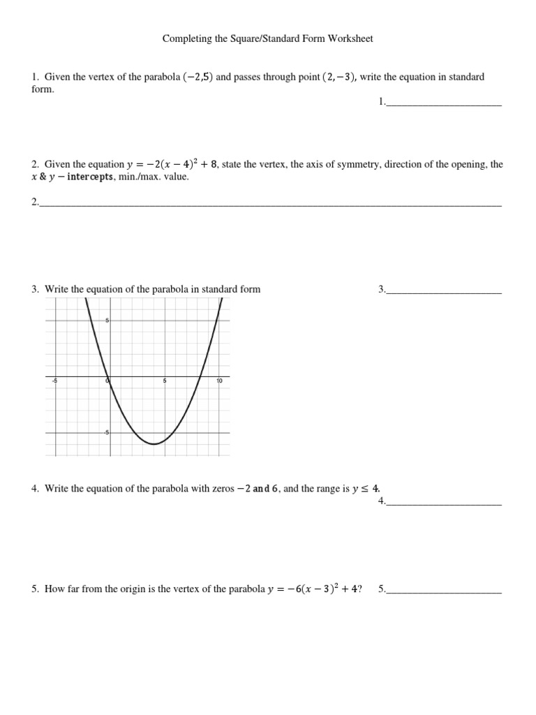 Standard Form and Vertex Form Solving Quadratic Equations PDF