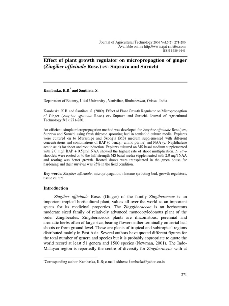 Effect of Plant Growth Regulator On Micropropagtion of Ginger PDF