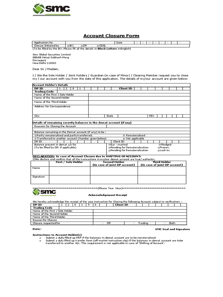 SMC Demat Account Closure Form | PDF | Financial Services