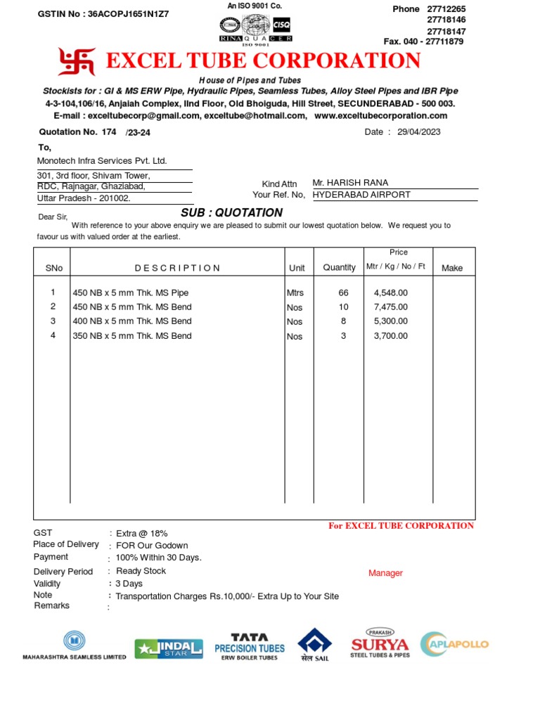 Excel Tube Corporation: Sub: Quotation | PDF | Mechanical Engineering ...