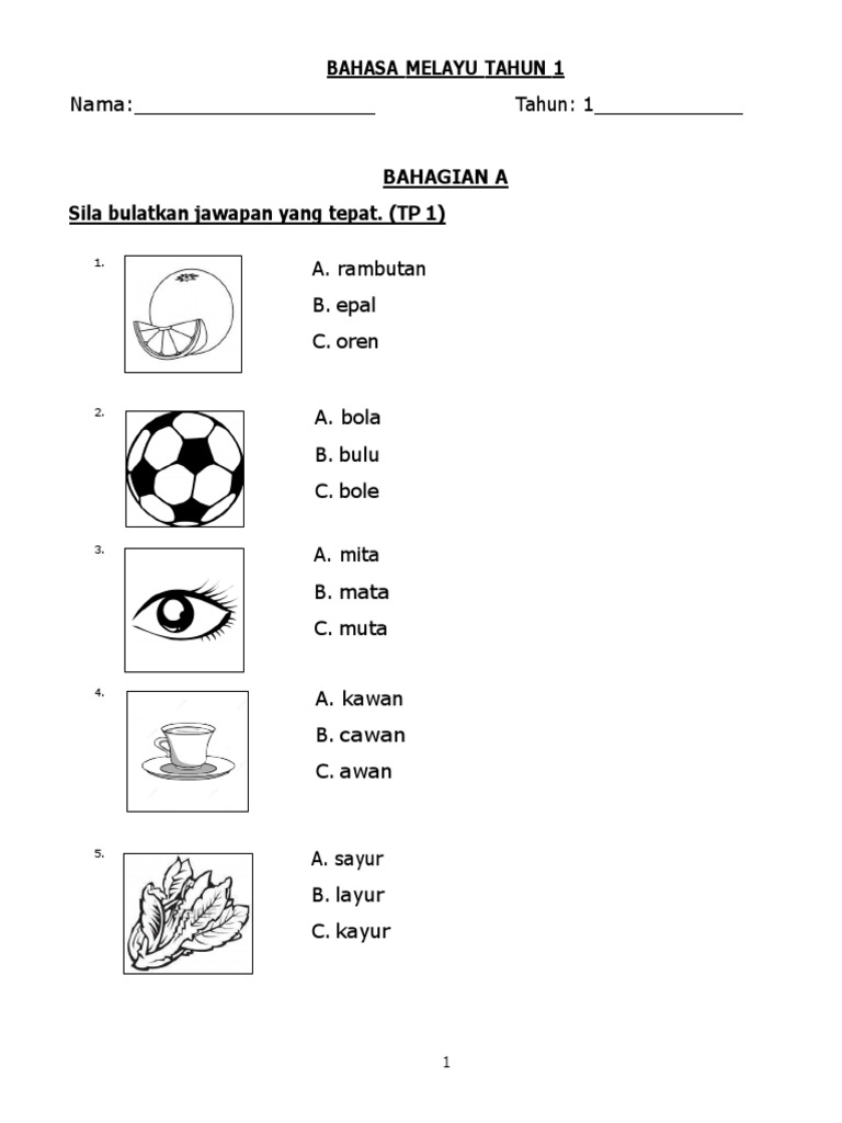 Kertas Ujian BM Tahun 1 | PDF