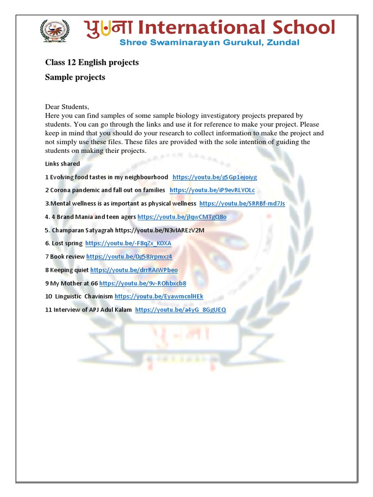 Class 12 English Projects Pdf