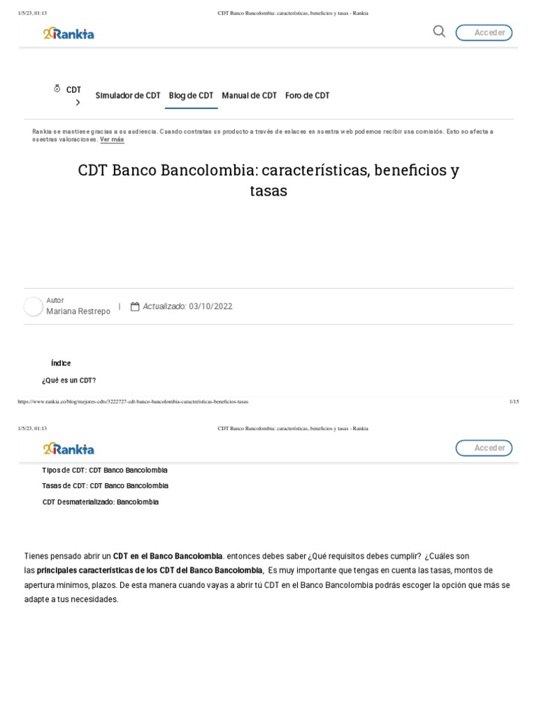CDT Banco Bancolombia Características, Beneficios y Tasas Rankia