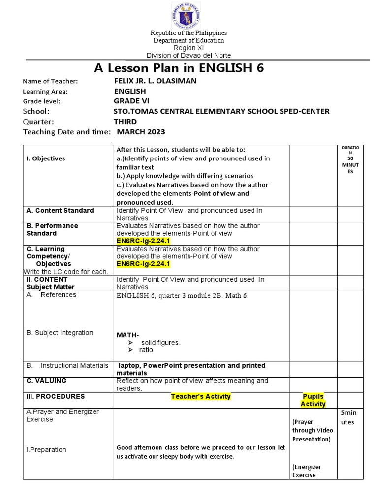 English 6 Lesson Plan: Point of View | PDF | Narration | Narrative