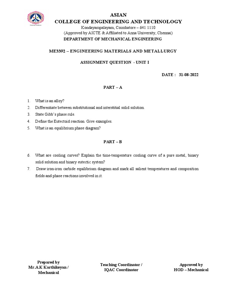 Engineering Materials Assignment Questions | PDF