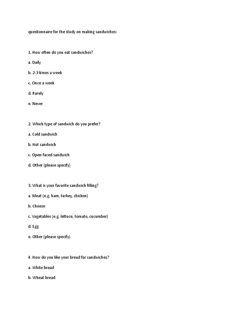 Sandwich Preferences Survey Questionnaire | PDF