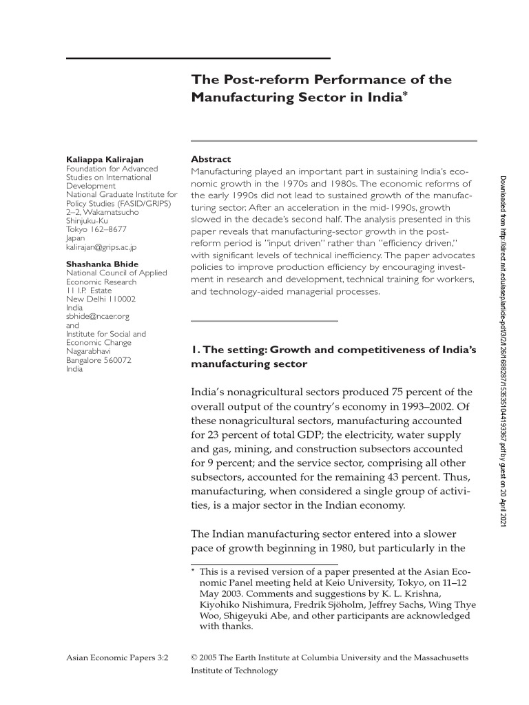 Manufacturing Sector In India Pdf Economic Growth Production Function