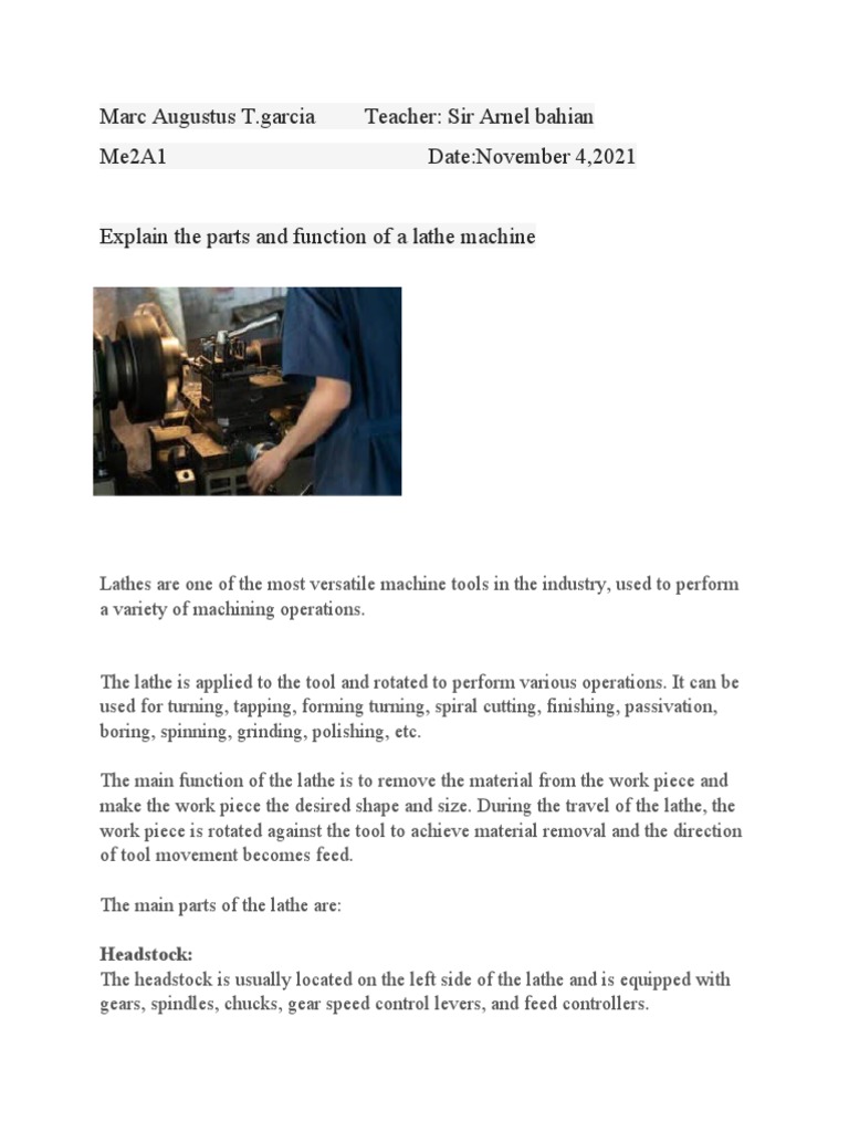 Explain the parts and function of a lathe machine PDF