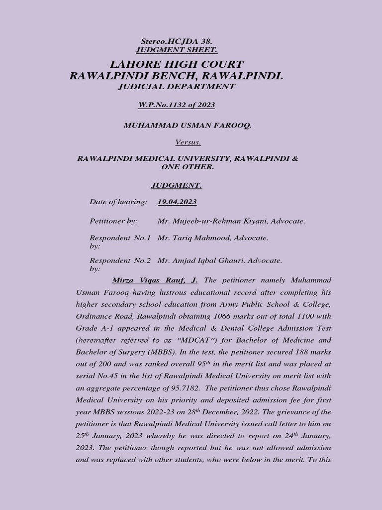 Lahore High Court Rawalpindi Bench, Rawalpindi.: Judicial Department ...