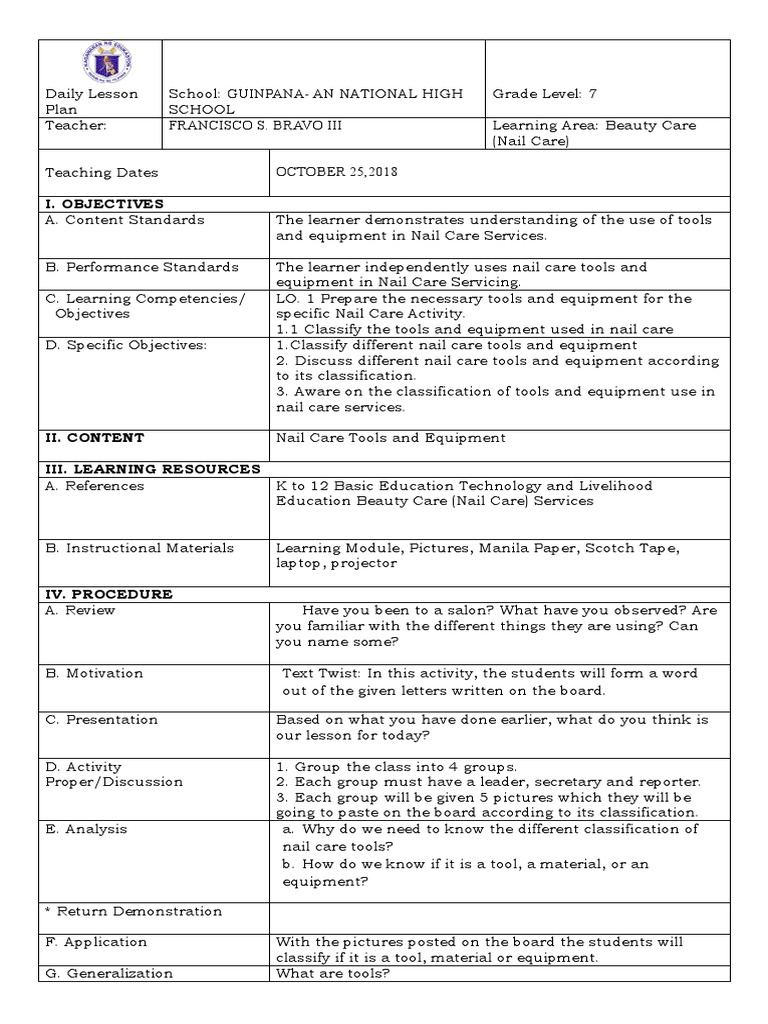 Nail Care Tools Lesson Plan for Grade 7 | PDF | Personal Protective ...